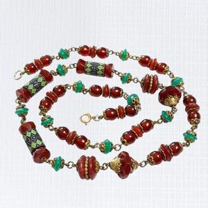 Antique Neiger Brothers Necklace Czech Uranium Glass Beads Gold Tone Green 24"